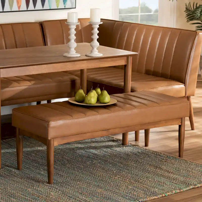 Mid-Century Modern Upholstered Faux Leather Dining Bench Walnut Brown Black