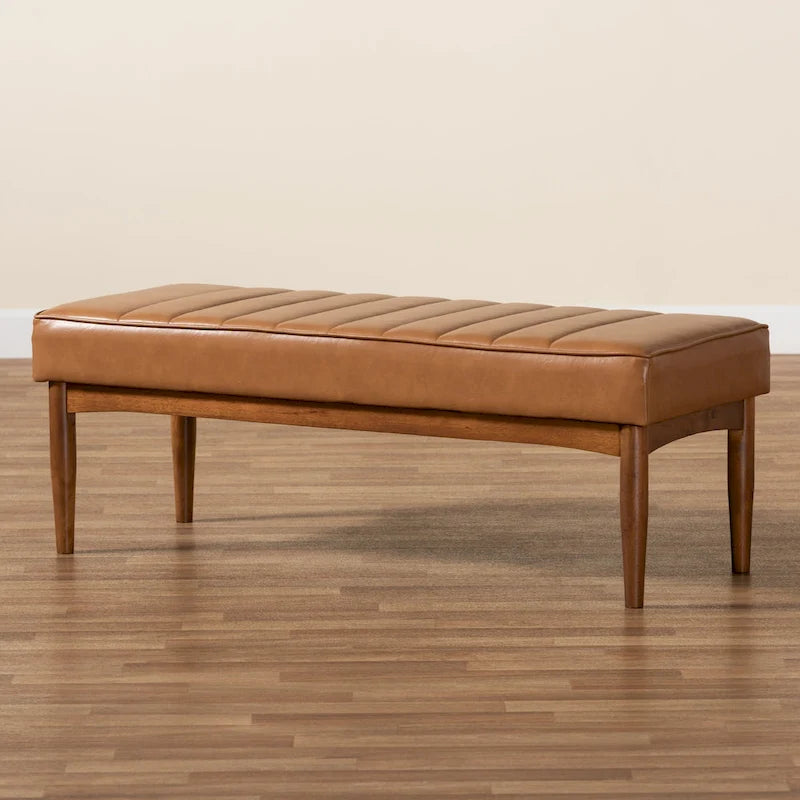 Mid-Century Modern Upholstered Faux Leather Dining Bench Walnut Brown Black