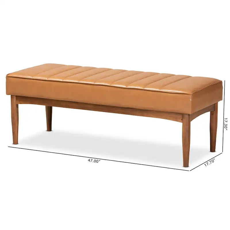 Mid-Century Modern Upholstered Faux Leather Dining Bench Walnut Brown Black