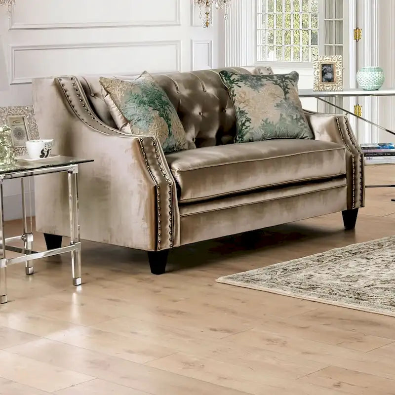 Transitional Chenille Tufted Loveseat with Nailhead Trim Champagne Silver