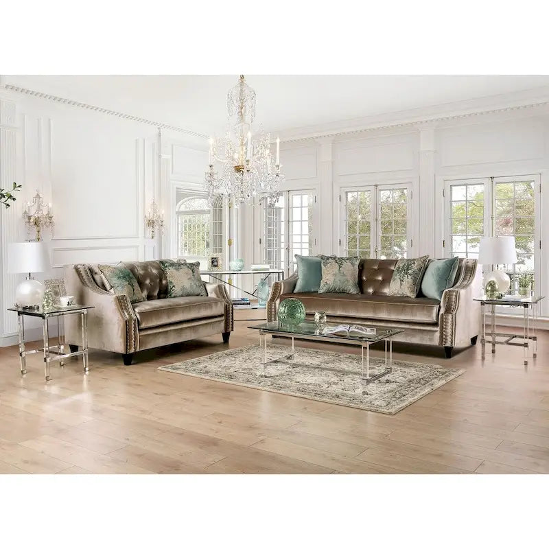 Transitional Chenille Tufted Loveseat with Nailhead Trim Champagne Silver