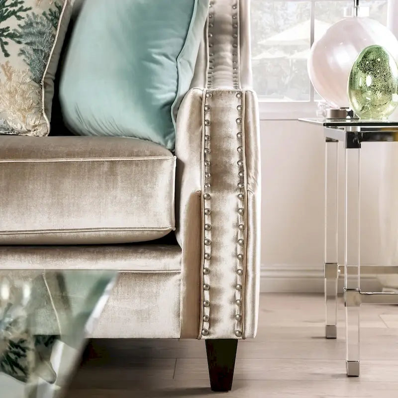 Transitional Chenille Tufted Loveseat with Nailhead Trim Champagne Silver