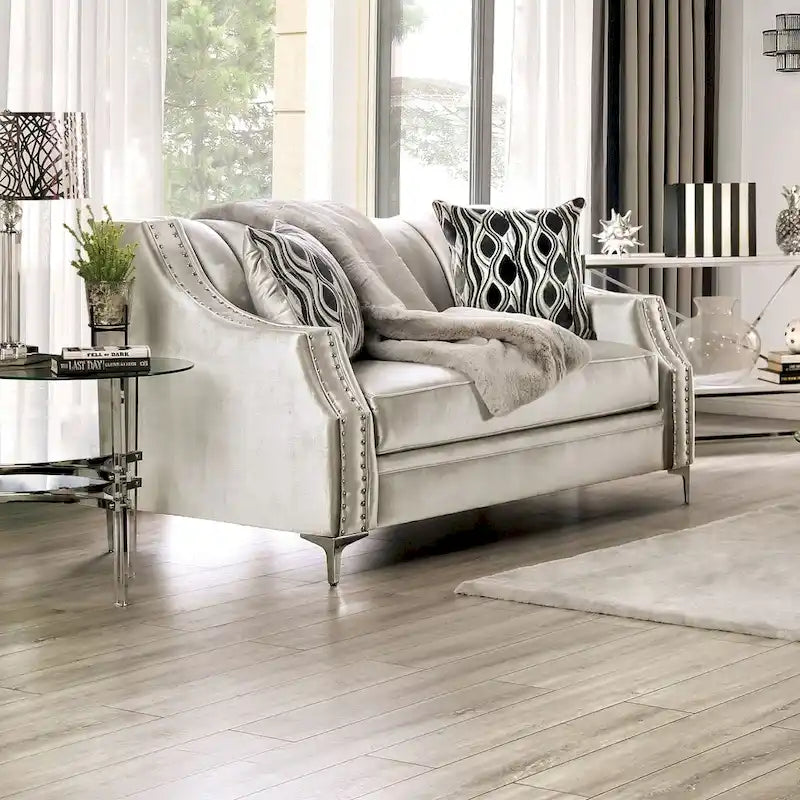 Transitional Chenille Tufted Loveseat with Nailhead Trim Champagne Silver