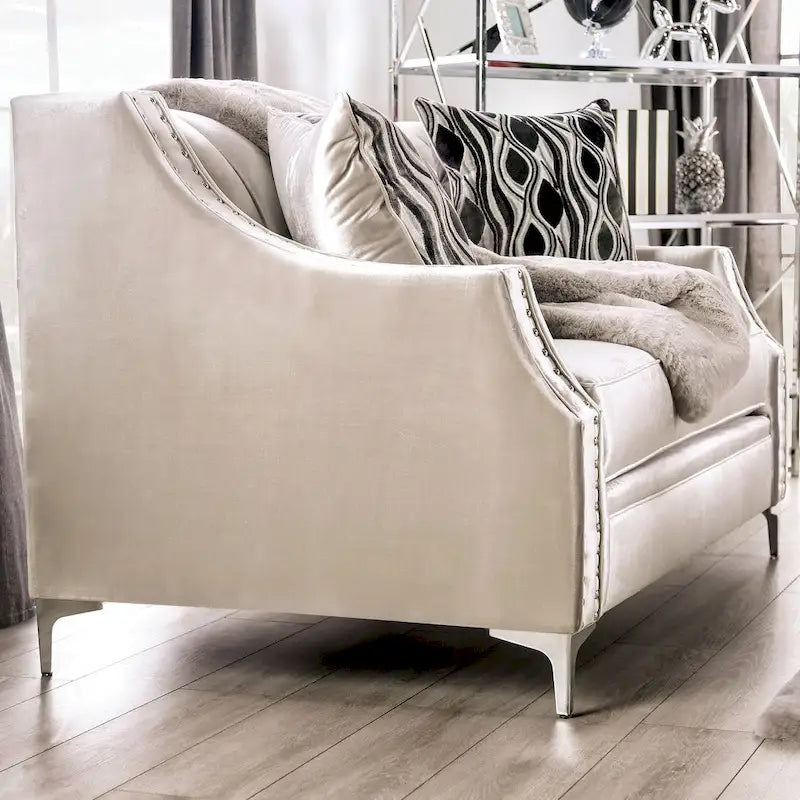 Transitional Chenille Tufted Loveseat with Nailhead Trim Champagne Silver