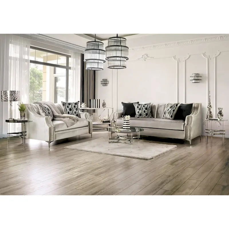Transitional Chenille Tufted Loveseat with Nailhead Trim Champagne Silver