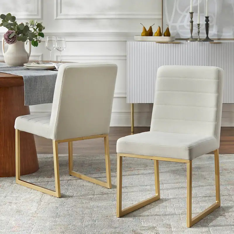 Upholstered Dining Chair with Channel Tufting and Gold Metal Sled Base