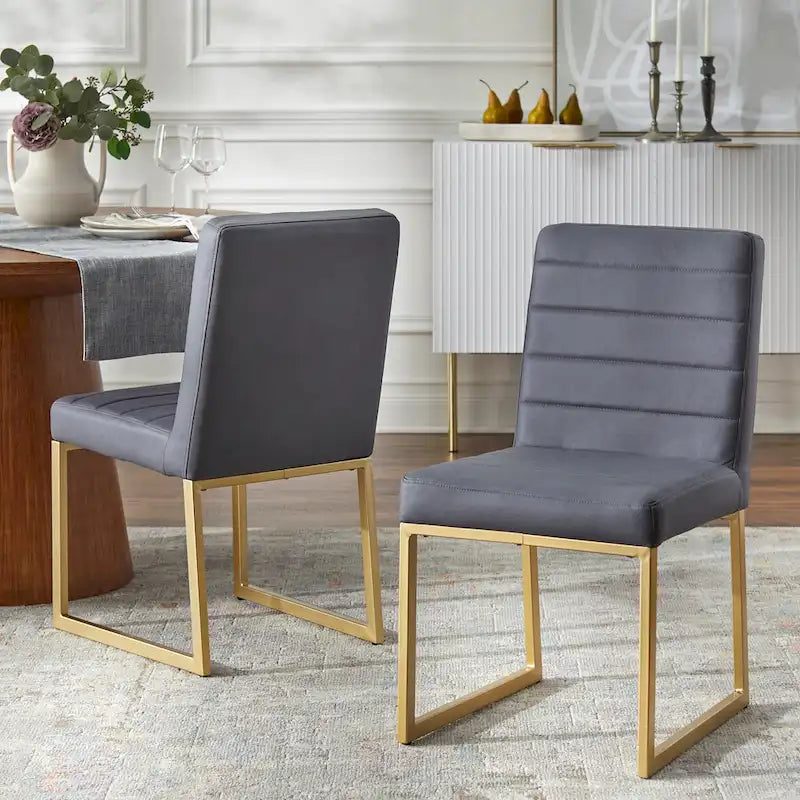 Upholstered Dining Chair with Channel Tufting and Gold Metal Sled Base