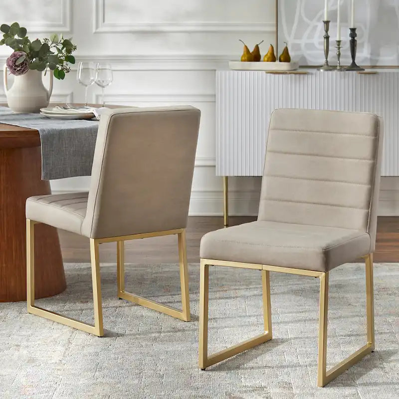 Upholstered Dining Chair with Channel Tufting and Gold Metal Sled Base