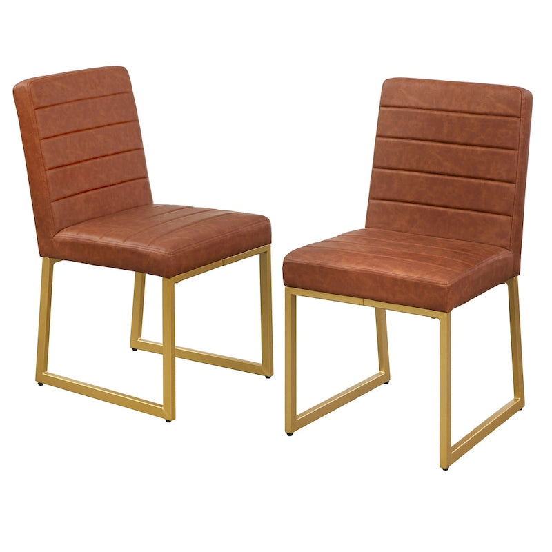 Upholstered Dining Chair with Channel Tufting and Gold Metal Sled Base