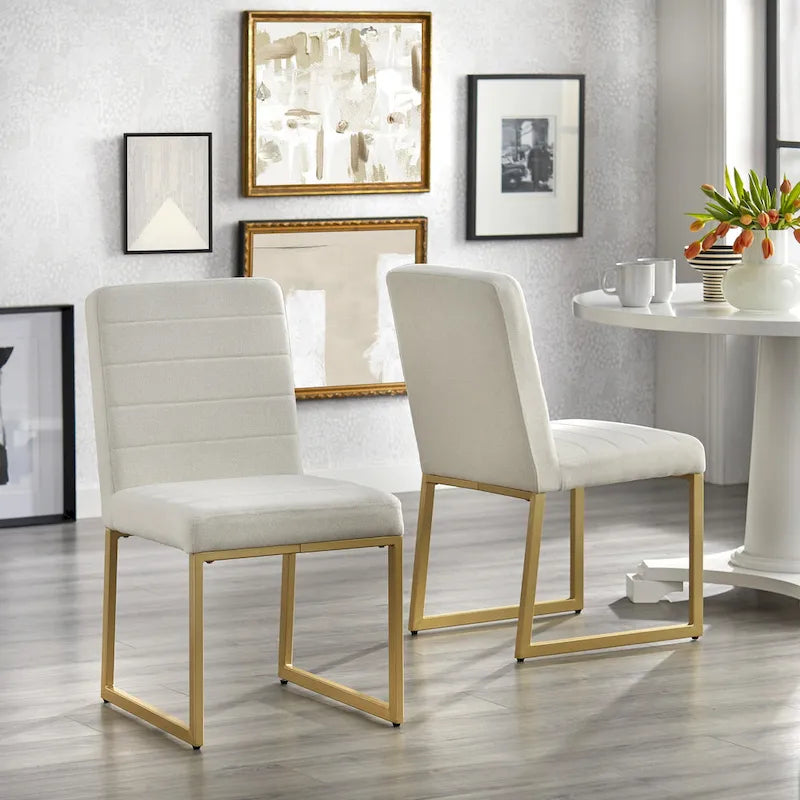 Upholstered Dining Chair with Channel Tufting and Gold Metal Sled Base