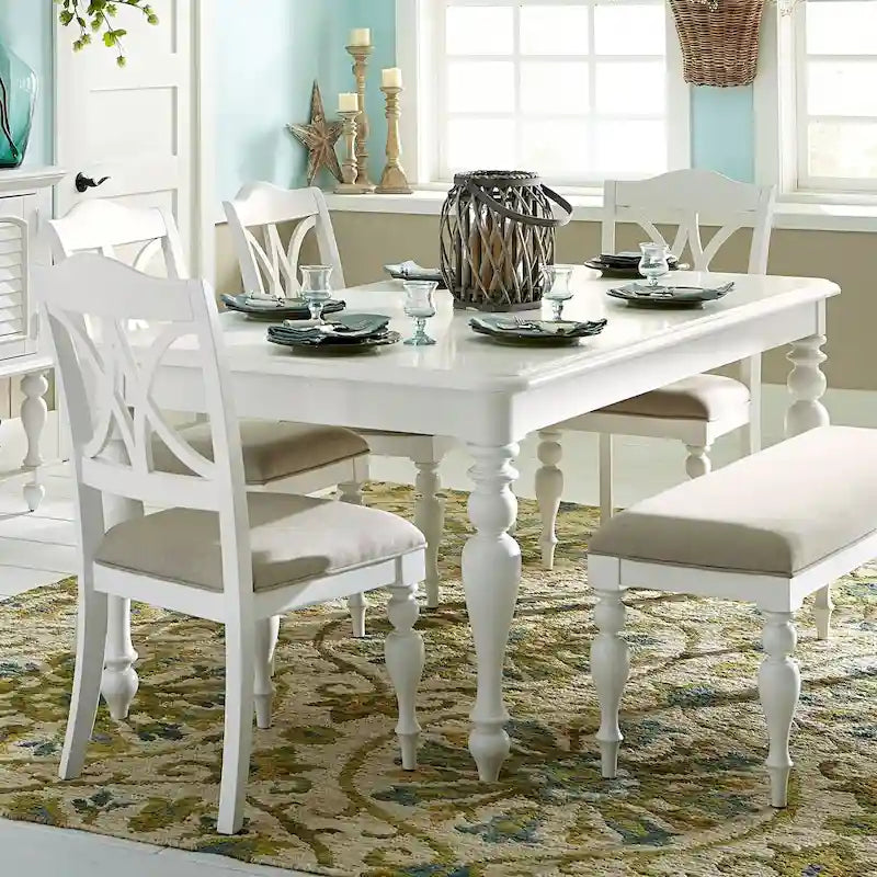 Oyster White Rectangular Dining Table with Turned Legs and Removable Leaf