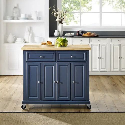 Butcher Block Hardwood Kitchen Island Cart with Drawers and Cabinets Navy