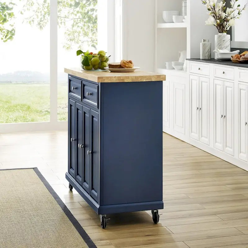 Butcher Block Hardwood Kitchen Island Cart with Drawers and Cabinets Navy