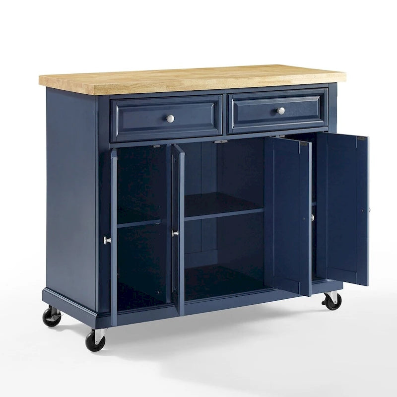 Butcher Block Hardwood Kitchen Island Cart with Drawers and Cabinets Navy
