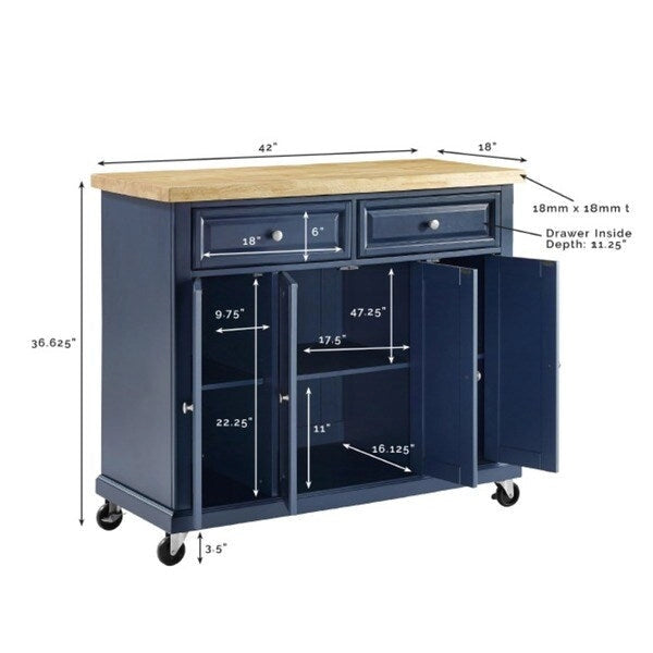 Butcher Block Hardwood Kitchen Island Cart with Drawers and Cabinets Navy