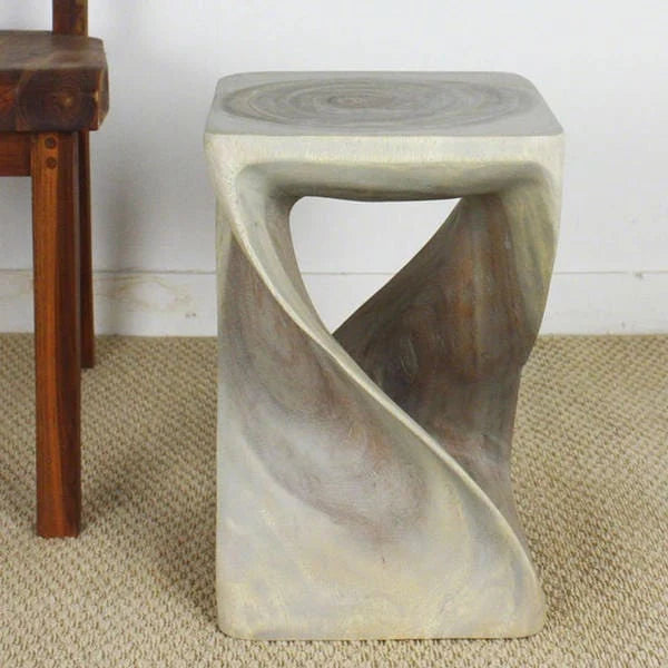 Hand-Carved Solid Wood Quarter Twist Stool Grey Oil Finish