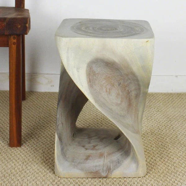 Hand-Carved Solid Wood Quarter Twist Stool Grey Oil Finish