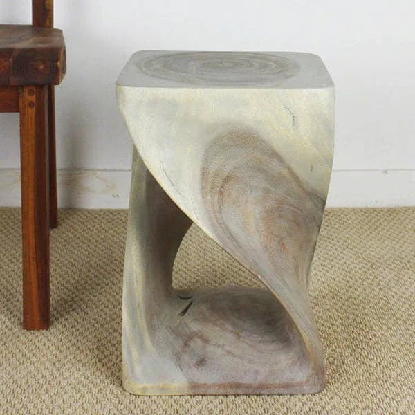 Hand-Carved Solid Wood Quarter Twist Stool Grey Oil Finish