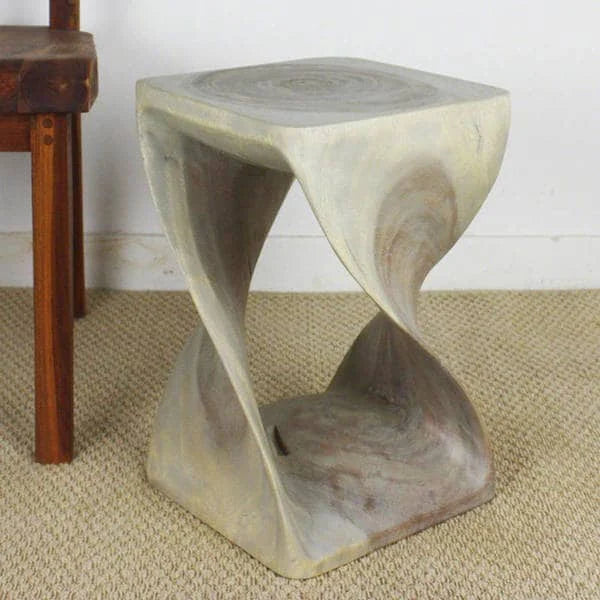 Hand-Carved Solid Wood Quarter Twist Stool Grey Oil Finish