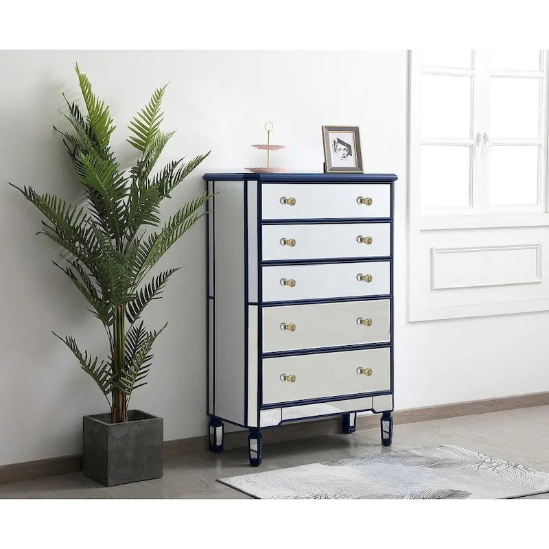 5 Drawer Mirrored Dresser Chest with Silver Crystal Knobs
