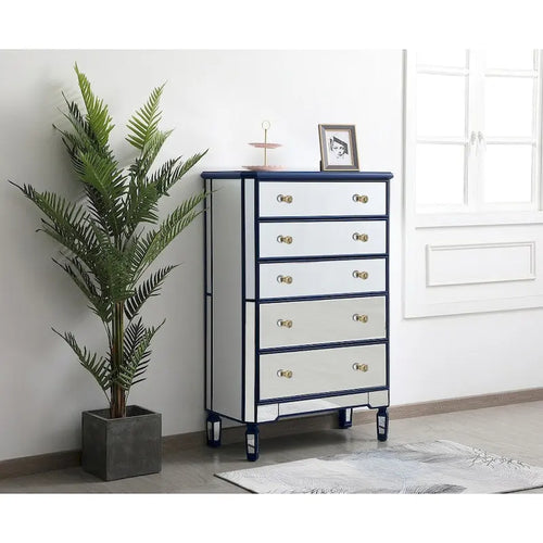 5 Drawer Mirrored Dresser Chest with Silver Crystal Knobs