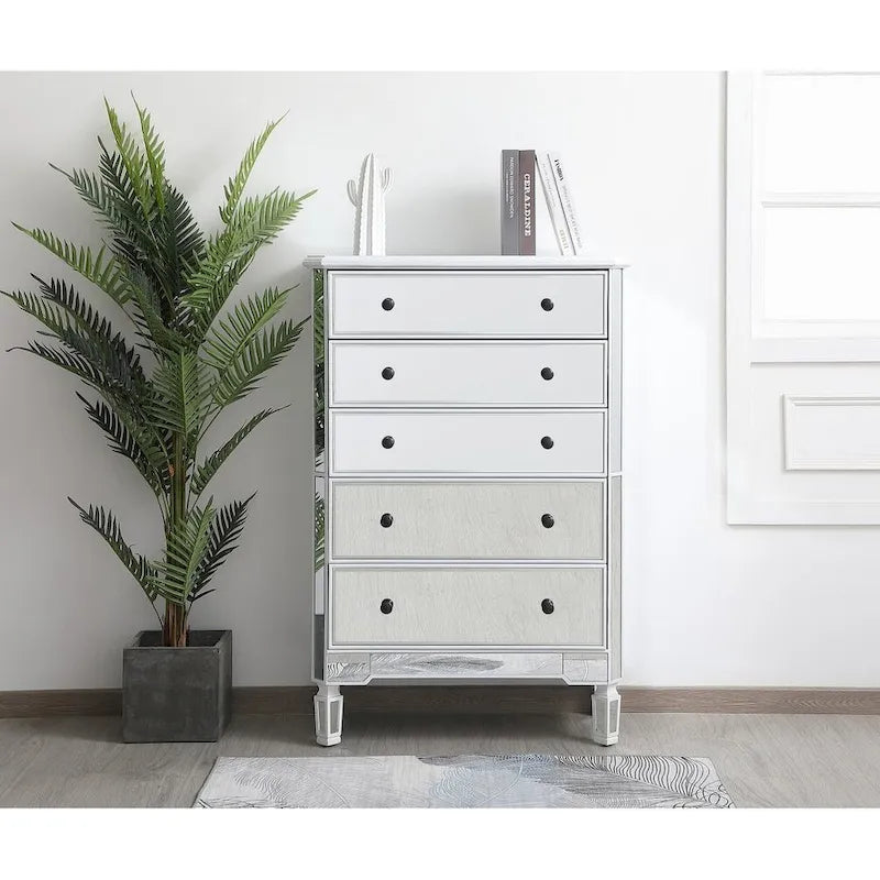 5 Drawer Mirrored Dresser Chest with Silver Crystal Knobs
