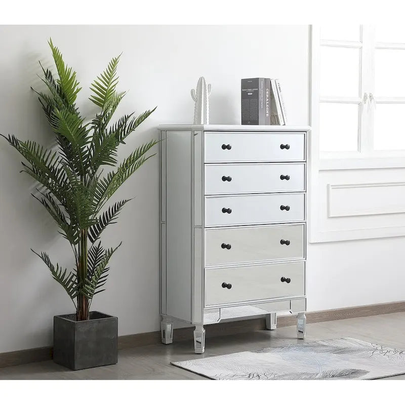5 Drawer Mirrored Dresser Chest with Silver Crystal Knobs