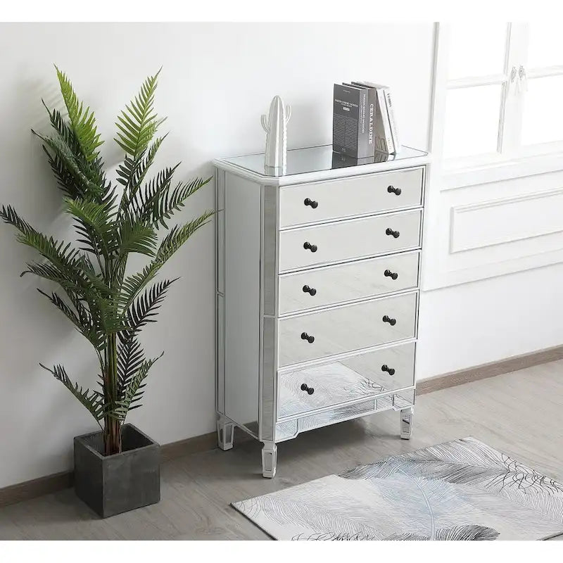 5 Drawer Mirrored Dresser Chest with Silver Crystal Knobs