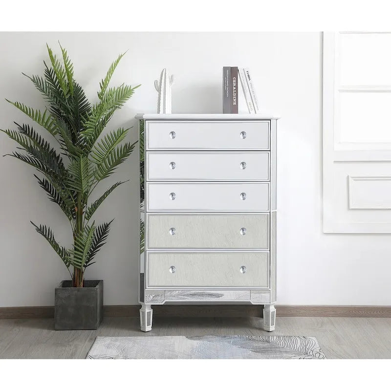 5 Drawer Mirrored Dresser Chest with Silver Crystal Knobs