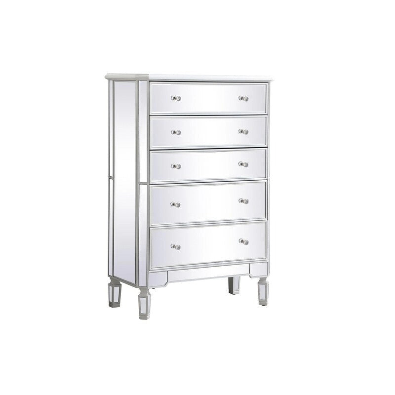5 Drawer Mirrored Dresser Chest with Silver Crystal Knobs
