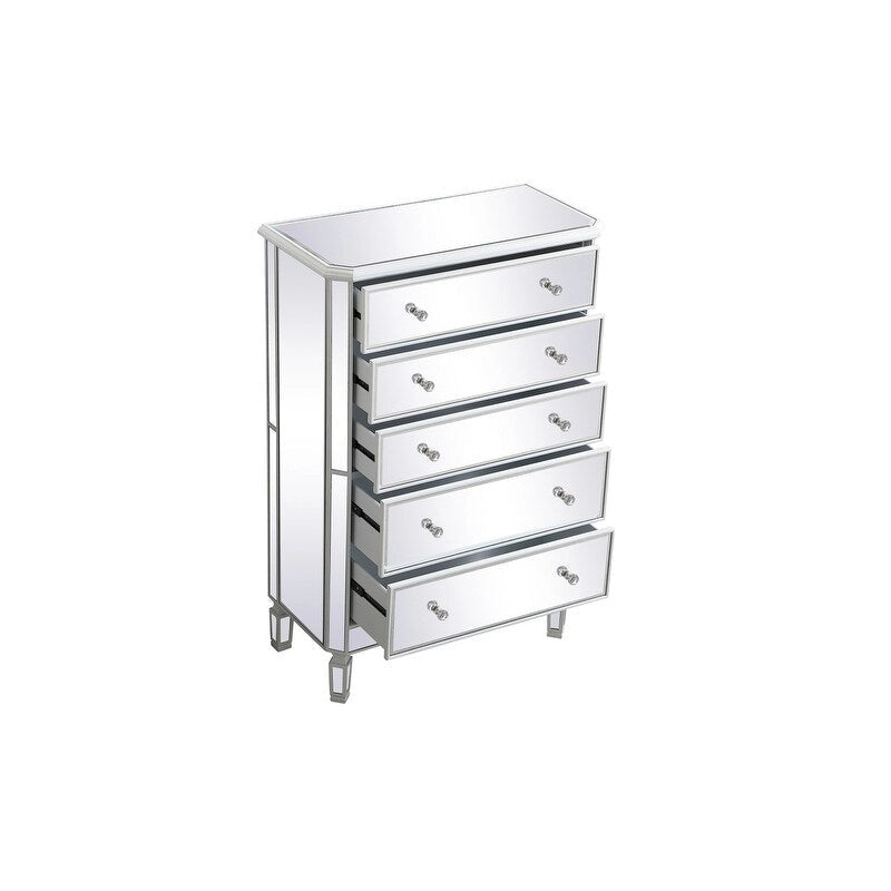 5 Drawer Mirrored Dresser Chest with Silver Crystal Knobs