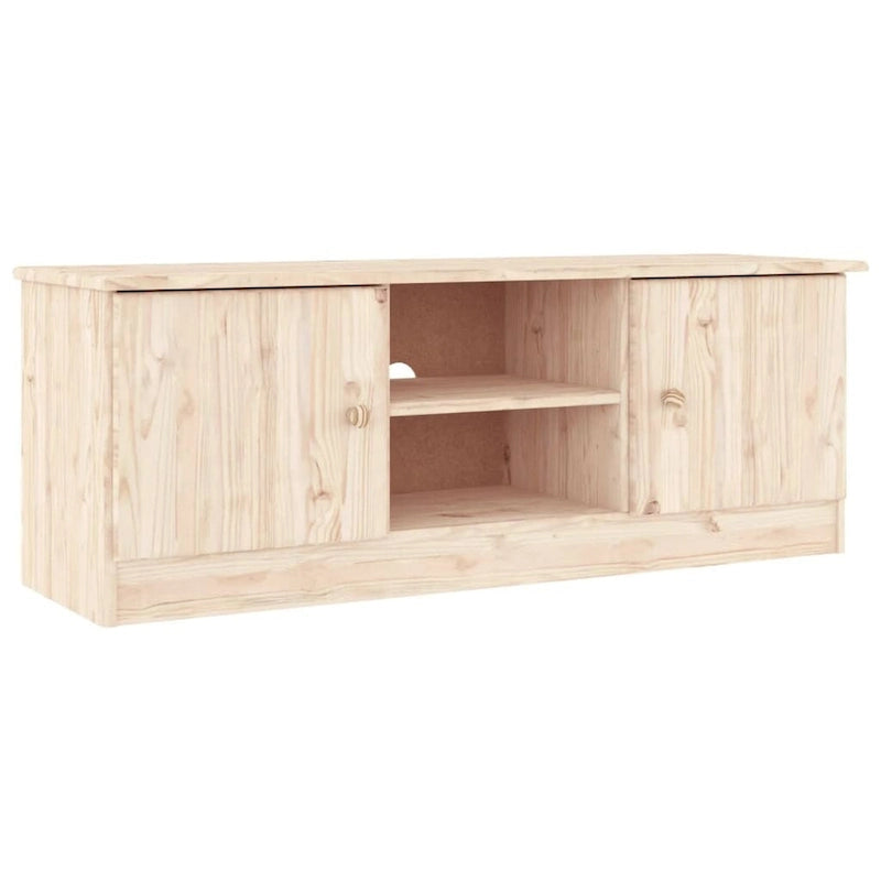 Solid Pine Wood TV Stand Cabinet with Storage Doors White Natural