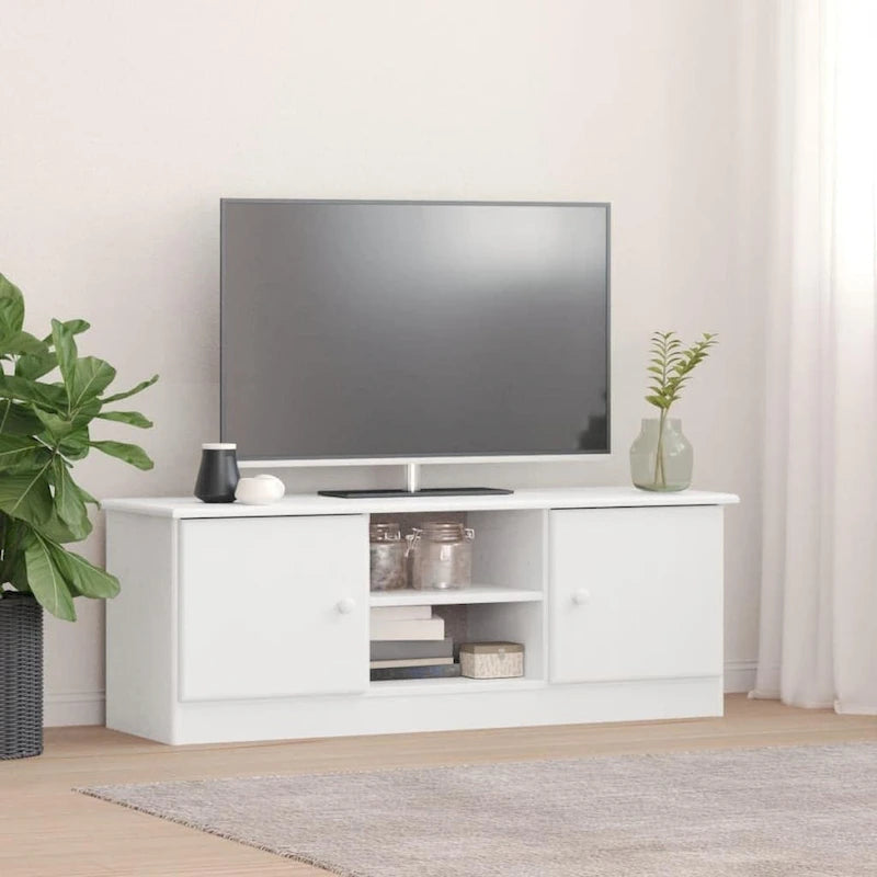 Solid Pine Wood TV Stand Cabinet with Storage Doors White Natural