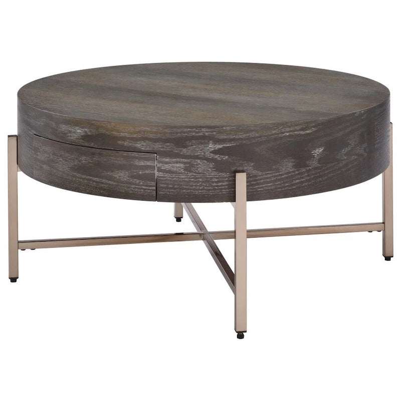 1 Drawer Round Modern Coffee Table with Crossed Metal Legs, Brown and Gold - 16 H x 32 W x 32 L Inches