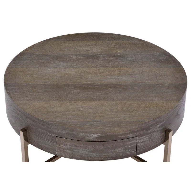 1 Drawer Round Modern Coffee Table with Crossed Metal Legs, Brown and Gold - 16 H x 32 W x 32 L Inches