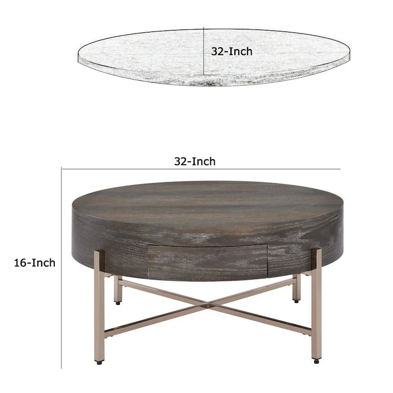 1 Drawer Round Modern Coffee Table with Crossed Metal Legs, Brown and Gold - 16 H x 32 W x 32 L Inches