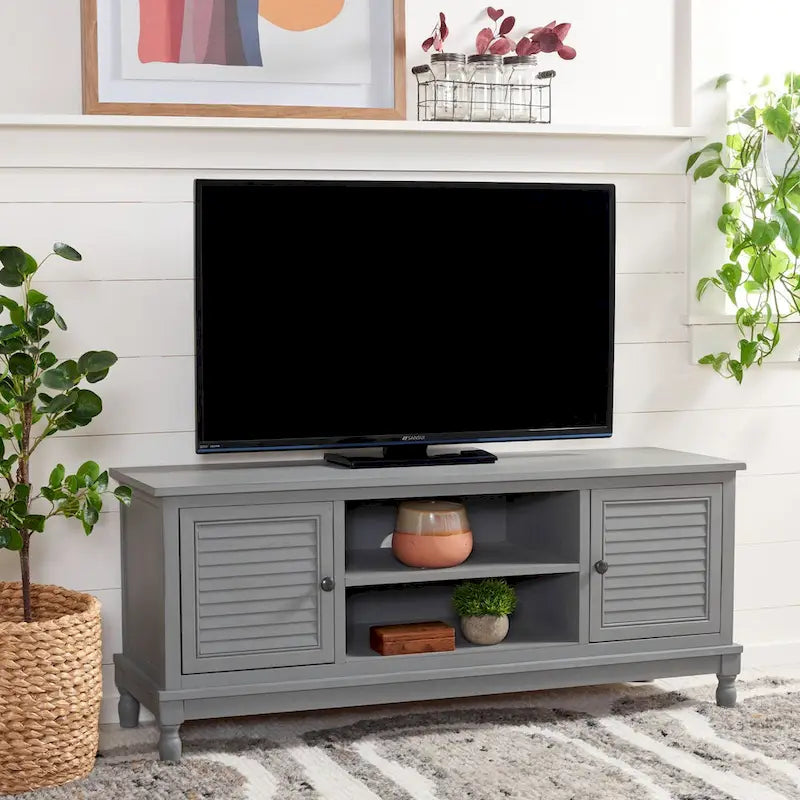 2-Door 1-Shelf Media Stand with Louvered Cabinet and Open Storage