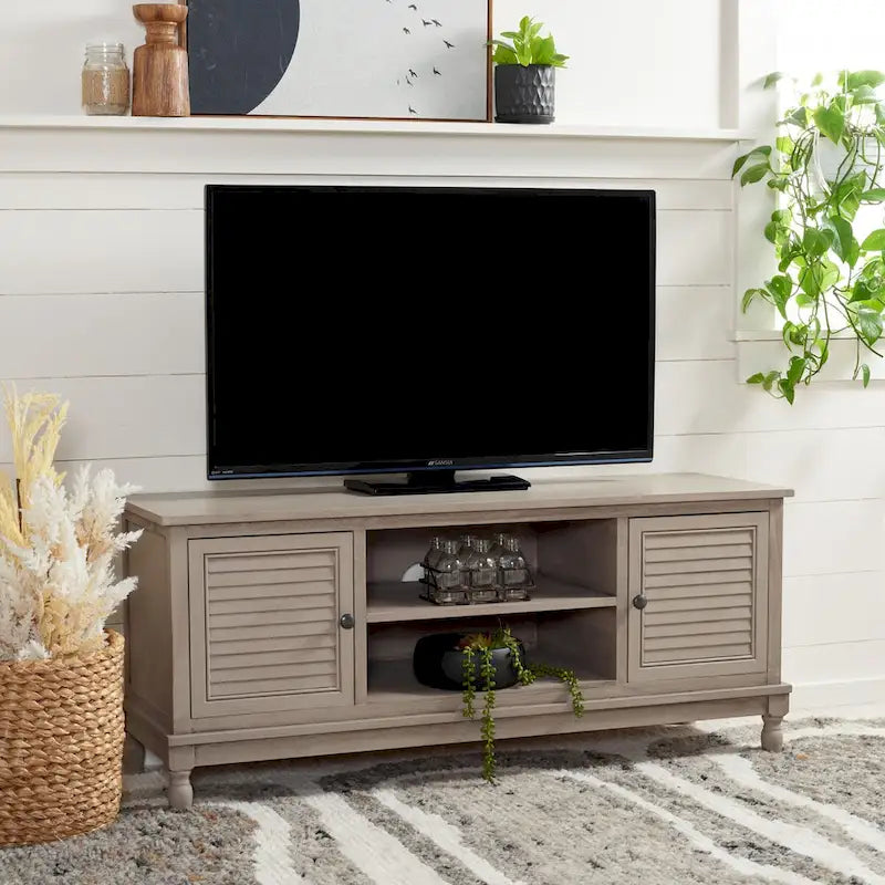 2-Door 1-Shelf Media Stand with Louvered Cabinet and Open Storage