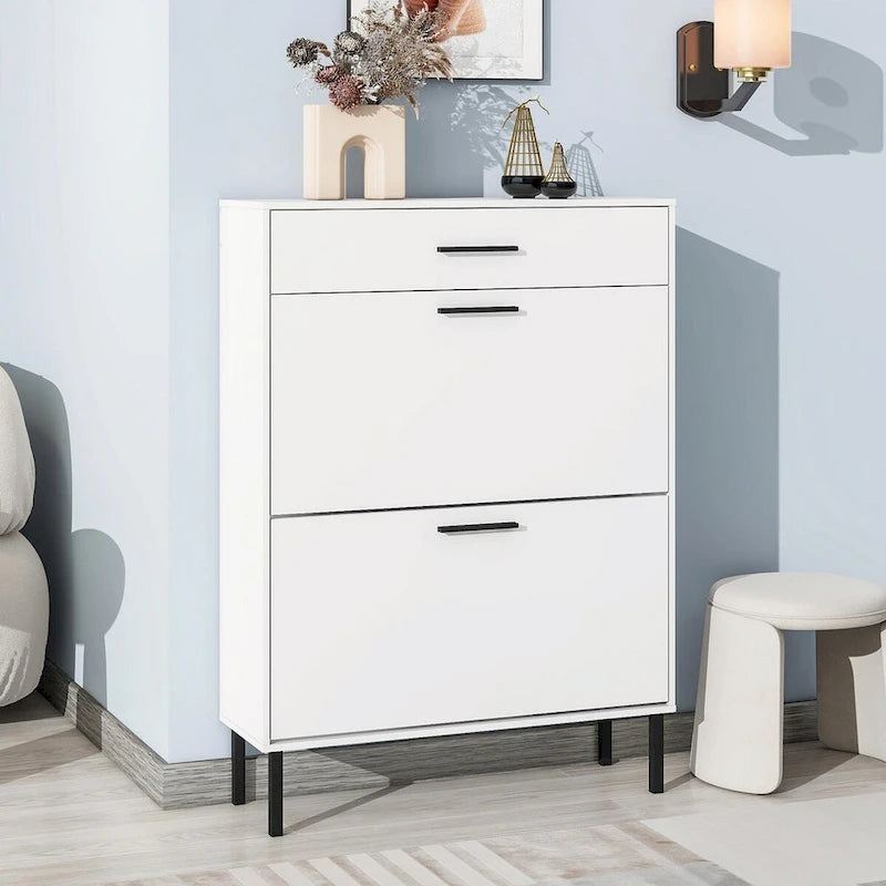 Freestanding Shoe Cabinet with Drawers, Metal Legs, and Flip Drawers