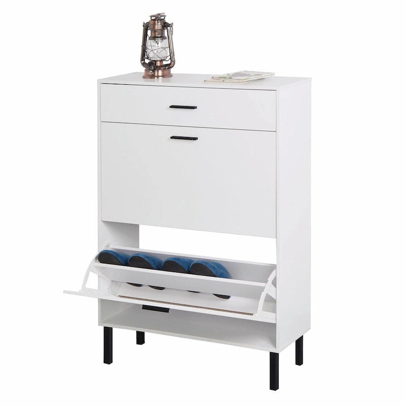Freestanding Shoe Cabinet with Drawers, Metal Legs, and Flip Drawers