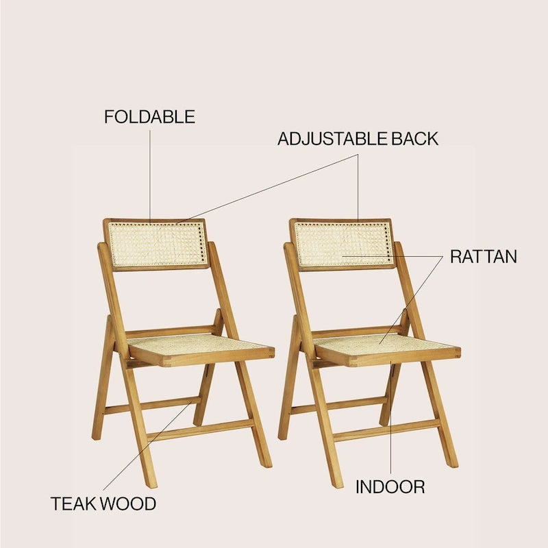 Mid-Century Hardwood Rattan Cane Folding Chair with Adjustable Back, Light Brown