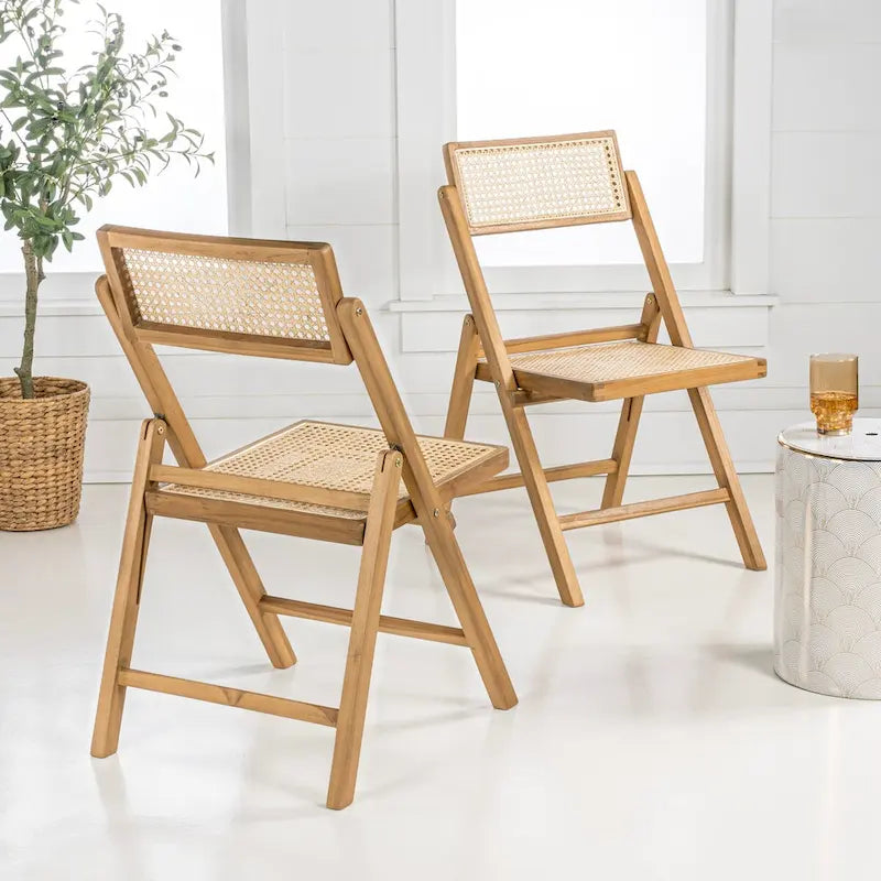 Mid-Century Hardwood Rattan Cane Folding Chair with Adjustable Back, Light Brown