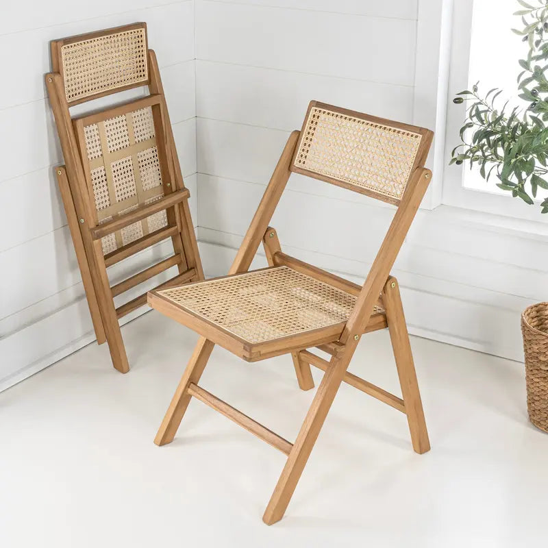 Mid-Century Hardwood Rattan Cane Folding Chair with Adjustable Back, Light Brown