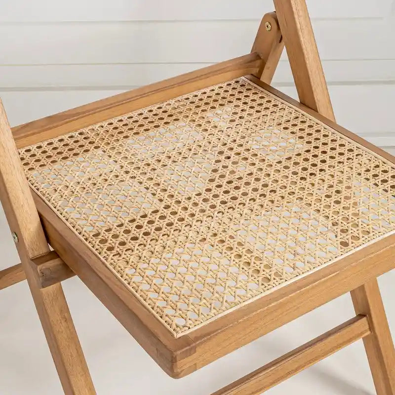 Mid-Century Hardwood Rattan Cane Folding Chair with Adjustable Back, Light Brown