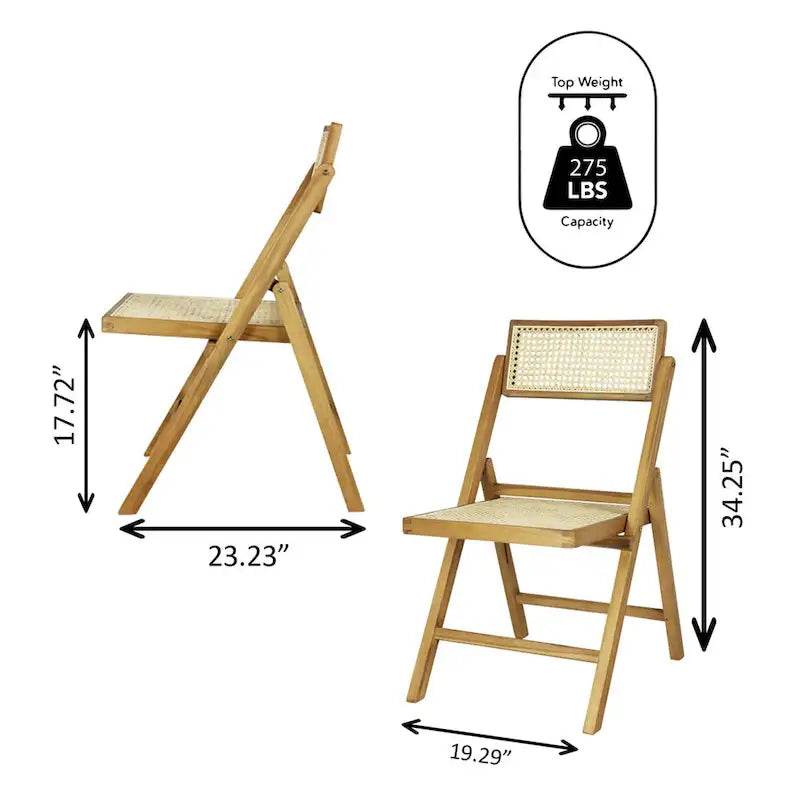 Mid-Century Hardwood Rattan Cane Folding Chair with Adjustable Back, Light Brown