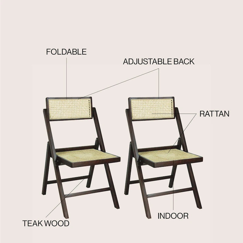 Mid-Century Hardwood Rattan Cane Folding Chair with Adjustable Back, Light Brown