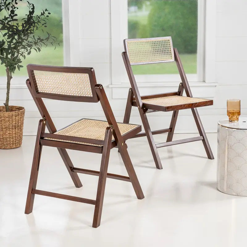 Mid-Century Hardwood Rattan Cane Folding Chair with Adjustable Back, Light Brown