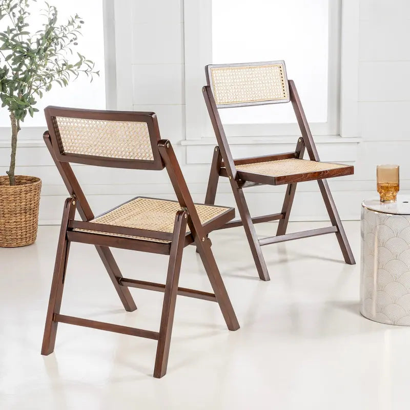 Mid-Century Hardwood Rattan Cane Folding Chair with Adjustable Back, Light Brown