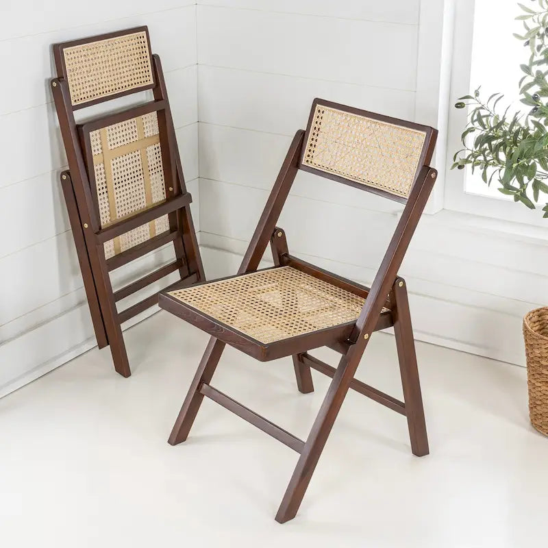 Mid-Century Hardwood Rattan Cane Folding Chair with Adjustable Back, Light Brown