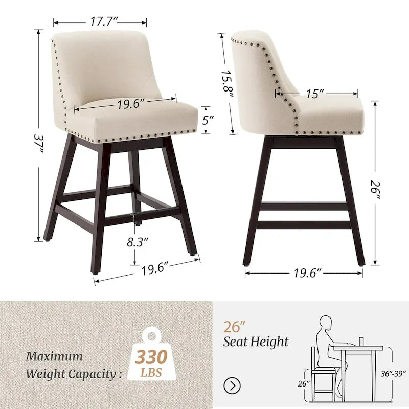LUE BONA 26 in. Counter Height Upholstered Wood Frame Swivel Bar Stool with Farbic Seat - 19.6D x 19.6W x 37H